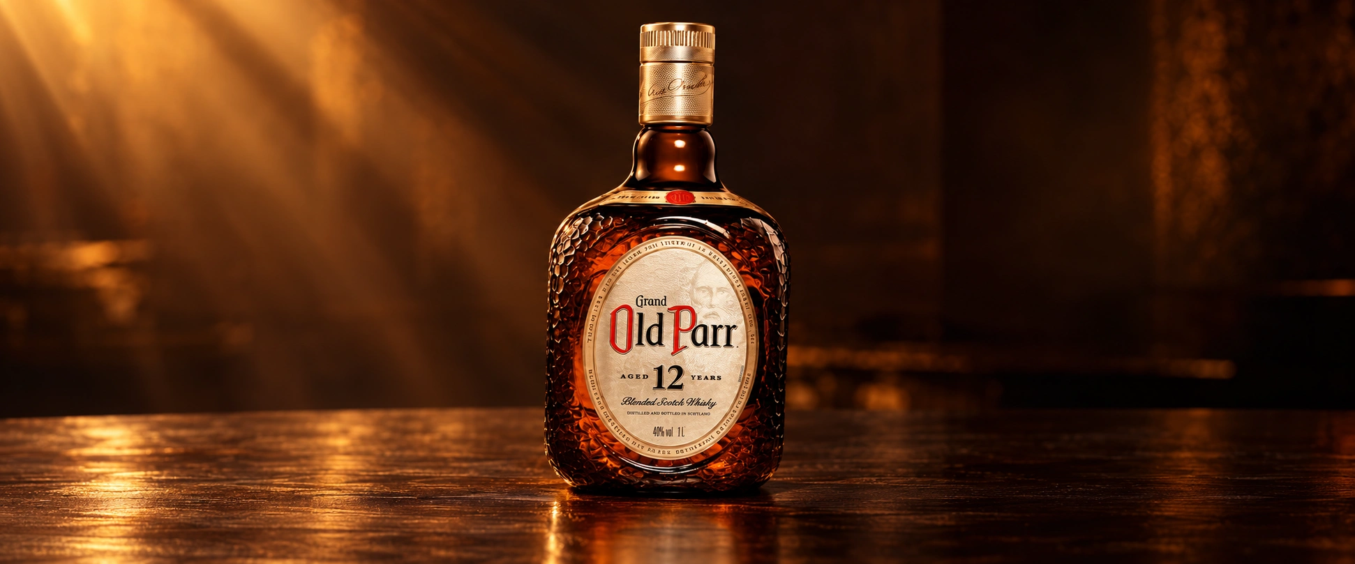 Whisky Old Parr 12 años sobre madera con iluminación ámbar